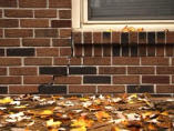 Crack in brick wall beneath a window with autumn leaves scattered on the ground.