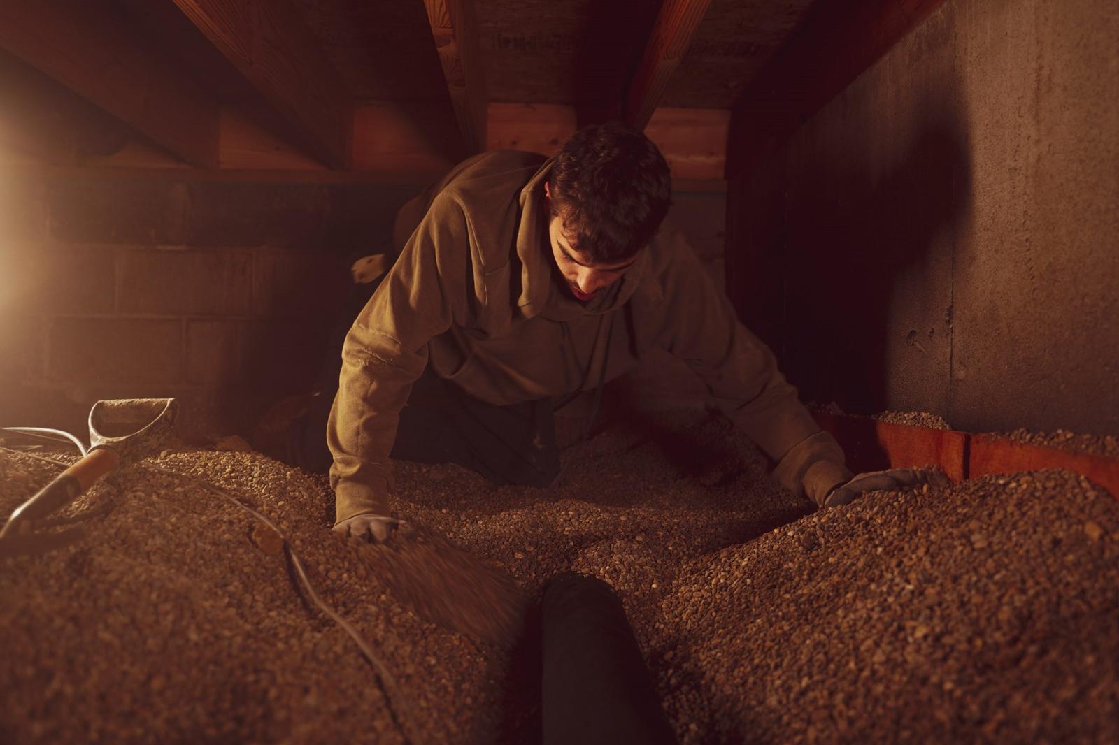 Production crew filing crawlspace with drainage rock.
