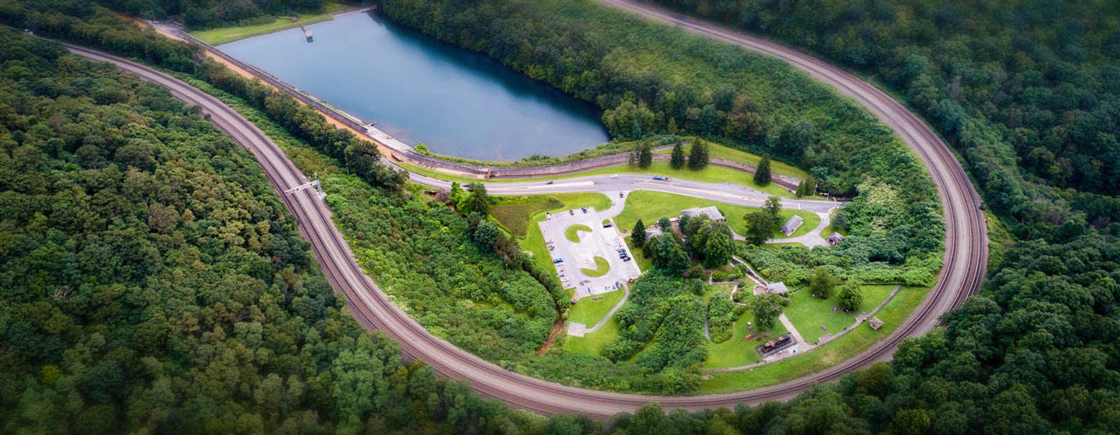Aerial shot of highway surrounding building in Altoona, Pennsylvania
