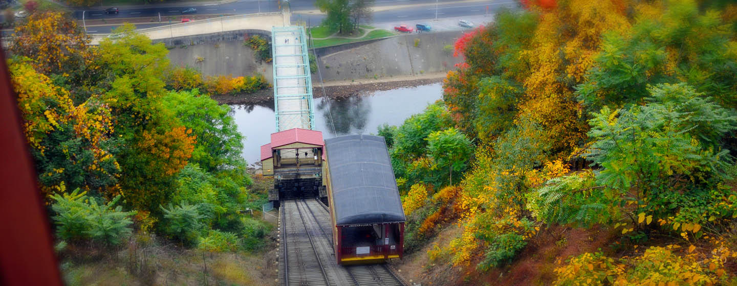 Trolley and bridge in the fall in Johnstown, Pennsylvania