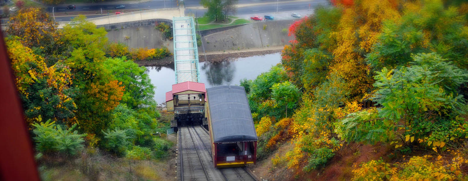 Trolley and bridge in the fall in Johnstown, Pennsylvania