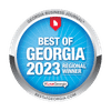 Blue and silver "Best of Georgia 2023 Regional Winner" badge with #LoveGeorgia and Georgia Business Journal logo.