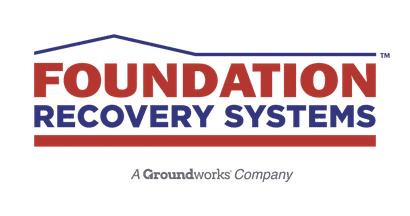 Logo of Foundation Recovery Systems, a Groundworks company, with red and blue text and a house outline.