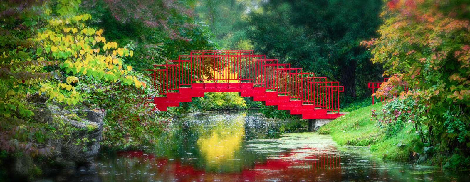 Red step bridge in Saginaw, Michigan