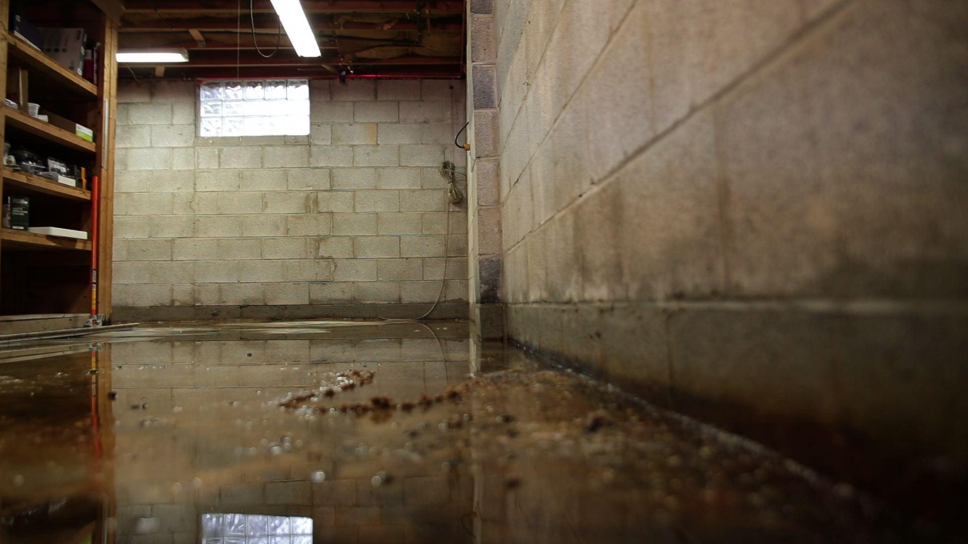 Flooded basement interior with window