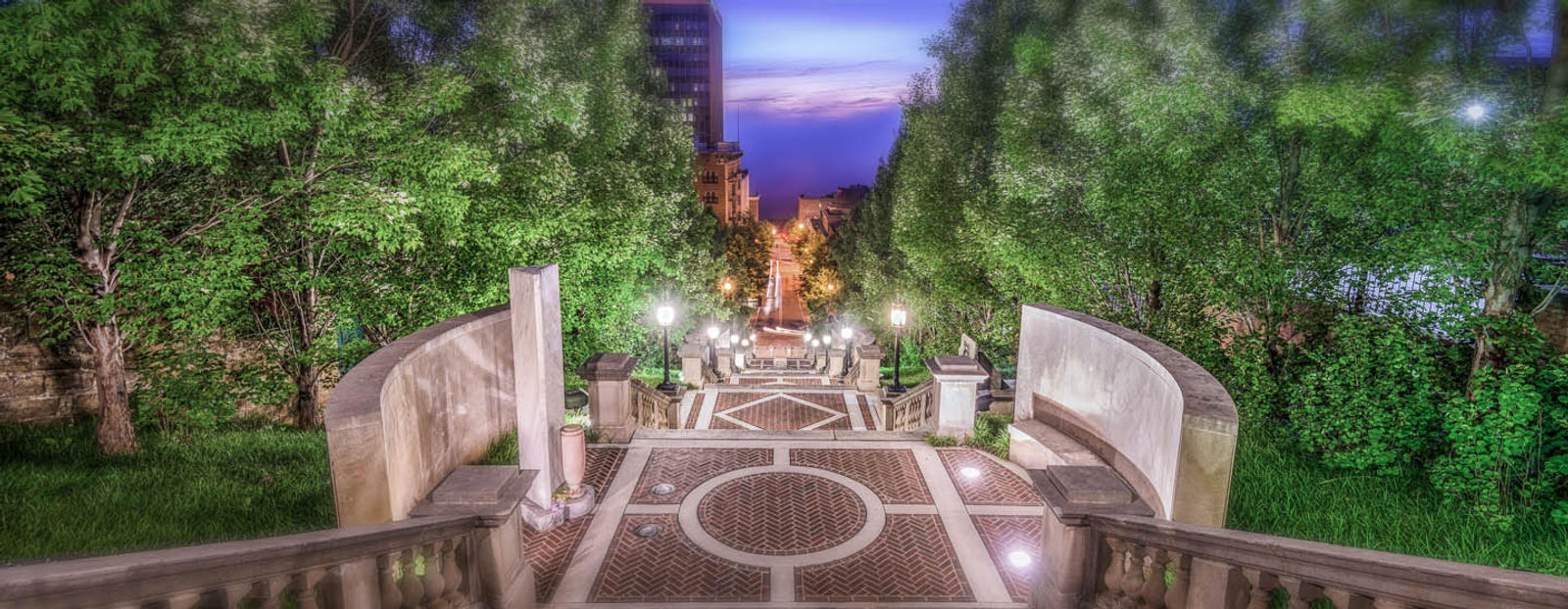 Steps in park with Lynchburg skyline