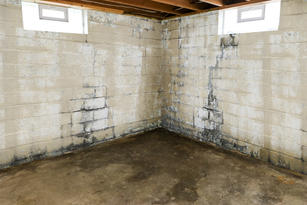 Wet basement walls under window with wet floors