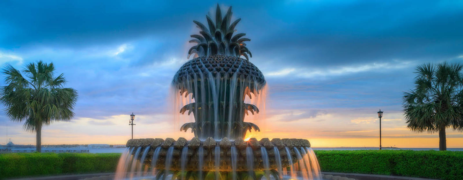 Pineapple fountain at sunset in Charleston, South Carolina