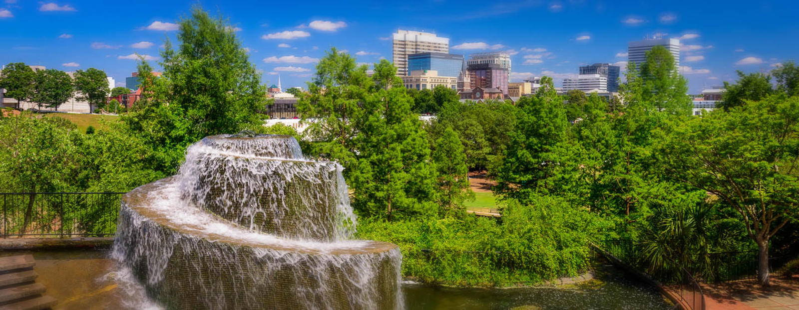 Trees and waterfall with Columbia skyline in the distance