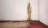 Crack in wall leadinginto floor, with water leaking through