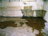 A damp, unfinished basement with stained concrete walls and floor, showing signs of water damage.