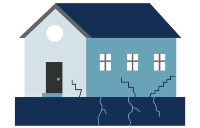 illustration of a blue home with multiple foundation cracks.