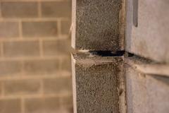 Close-up of misaligned concrete blocks in a wall, with a visible gap likely caused by hydrostatic pressure.