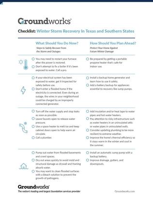 Winter Storm Recovery in Texas and Southern states checklist.