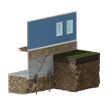 Push piers and cracked foundation. 3D cut-out illustration.