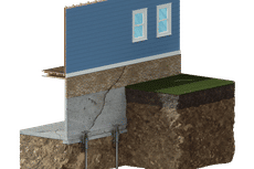 Push piers and cracked foundation. 3D cut-out illustration.