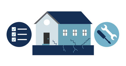 Illustration of cracks in the foundation with a checklist and tools