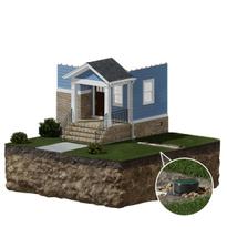 Cutaway of a house showing an underground storm shelter with a circular hatch detail.
