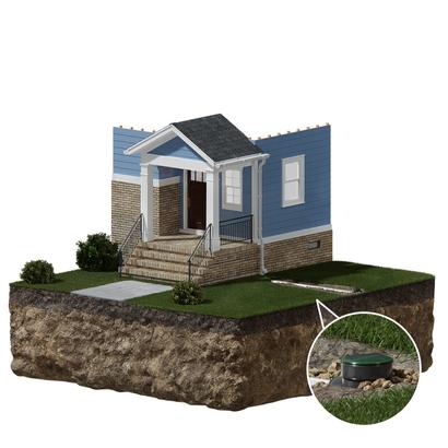 Cutaway of a house showing an underground storm shelter with a circular hatch detail.