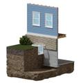 Cross-section of a house with visible foundation, soil layers, and exterior walls in blue and brick.