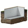 Cross-section of a concrete basement in soil, showing walls and floor.
