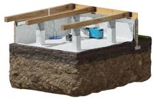 Cutaway of a crawl space with dirt floor, insulation, and exposed wooden beams in a building foundation.