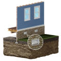 Cross-section of a house foundation showing a vent detail on a brick wall, highlighted in a circular close-up.