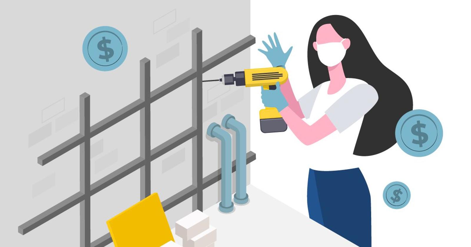 Woman with COVID mask and drilling wall illustration.