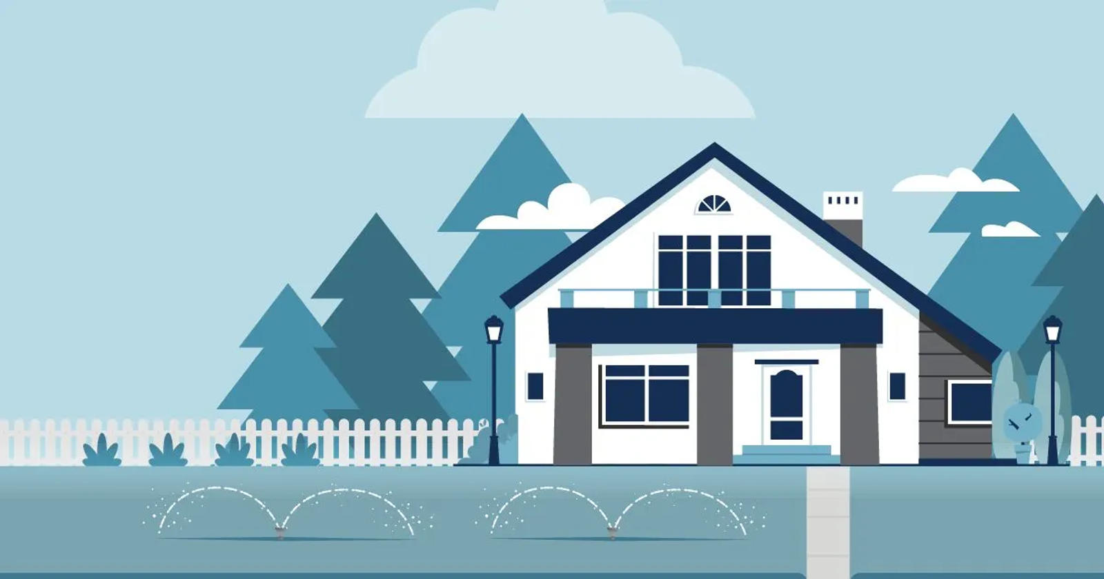 Watering front lawn illustration.