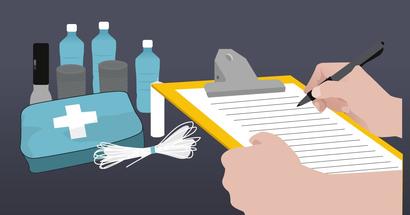 Hand preparing a checklist with First Aid supplies illustration.