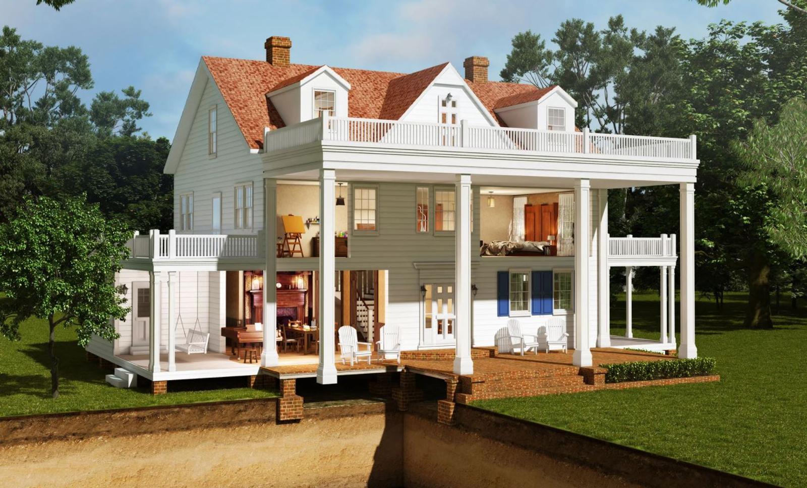 The Notebook House floor plan and renovations 3D illustration.