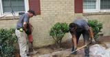 crew members working on landscaping next to a house foundation