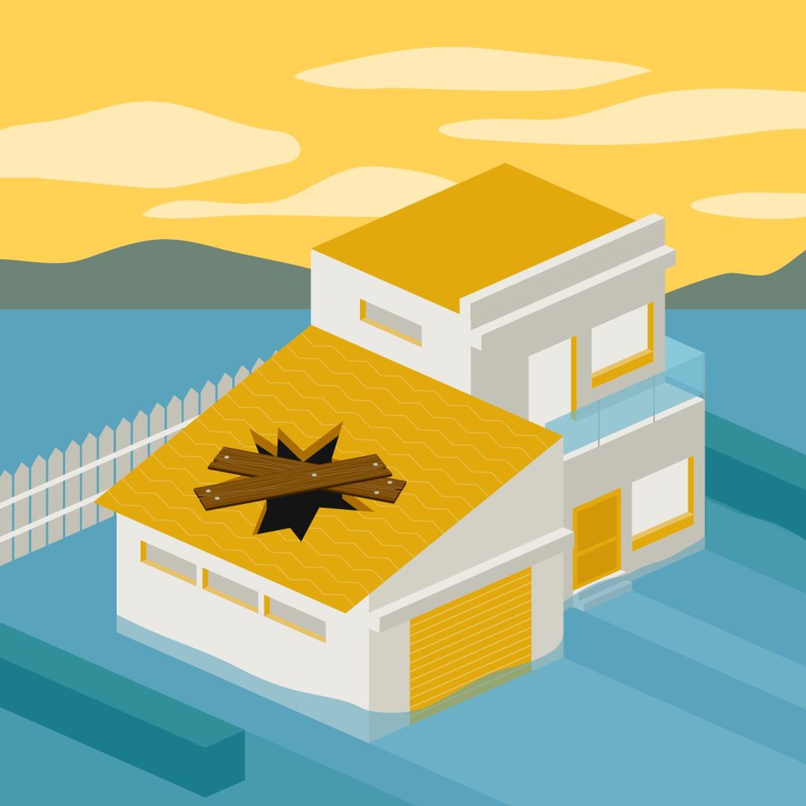 Illustration of a house on blue water with a hole in the roof, surrounded by a white fence and a yellow sky.