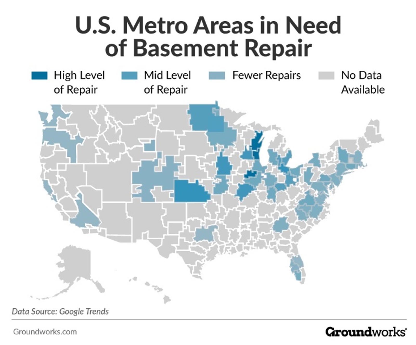 U.S Metro Areas in Need Of Basement Repair map