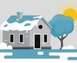 Sun melting snow on home illustration.