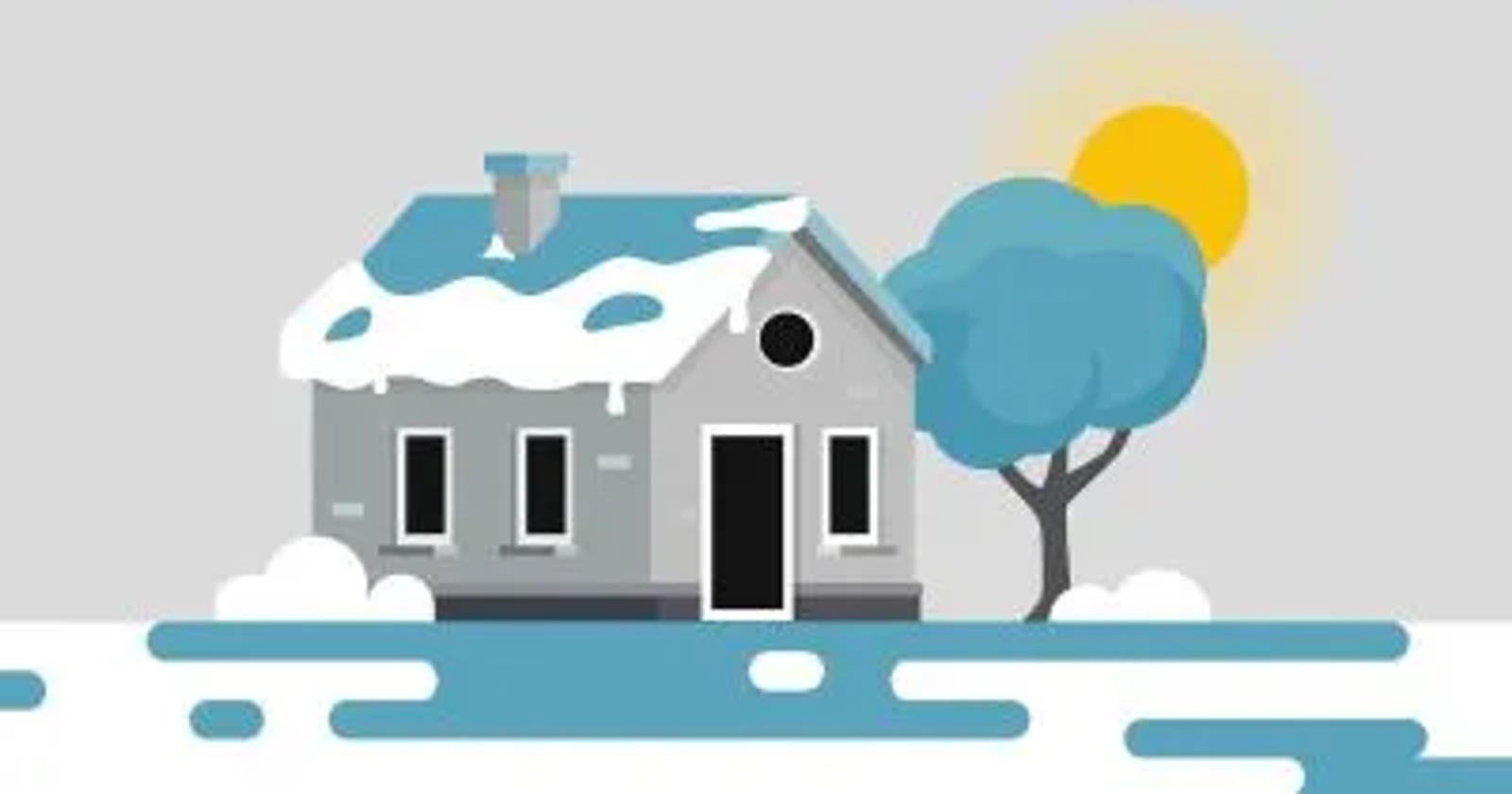 Sun melting snow on home illustration.