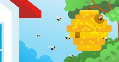Bees in hive outside of home illustration.