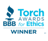 Torch Awards for Ethics logo with "BBB Winner" text in blue on a black background.
