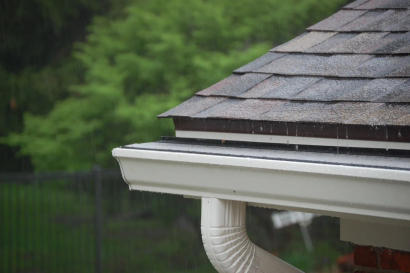 Close-up of a rain gutter on a roof during rainfall, with blurred green trees in the background.