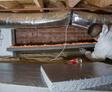 Production crew installing ExTremeBloc thermal insulation in crawl space.