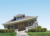 A small brick house with a front porch appears tilted against a clear blue sky.