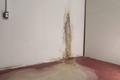Water stain on a wall extending to the floor, with visible damage and discoloration.