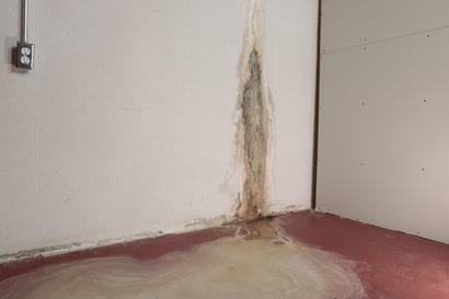 Water stain on a wall extending to the floor, with visible damage and discoloration.