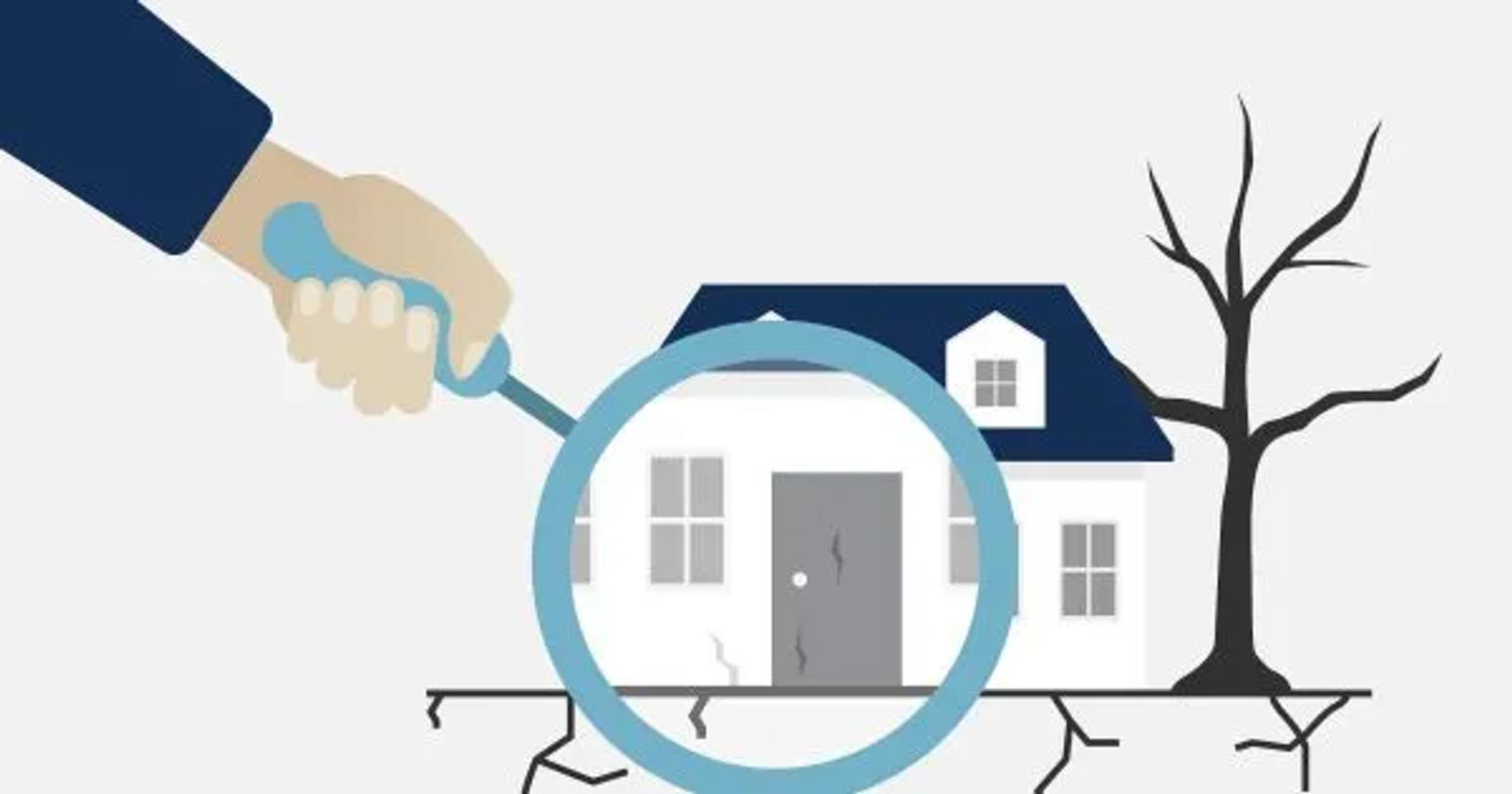 Illustration of magnifying glass showing cracks in the foundation.