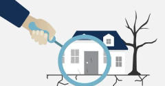 Illustration of magnifying glass showing cracks in the foundation.