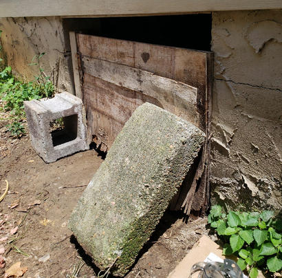 Cinderblocks are holding up the wood rot crawlspace door.