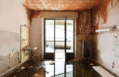 Abandoned, damp, mold building with standing water and busted windows.
