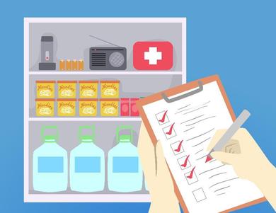 Illustration of the red pen in hand checking a checklist in front of the pantry.