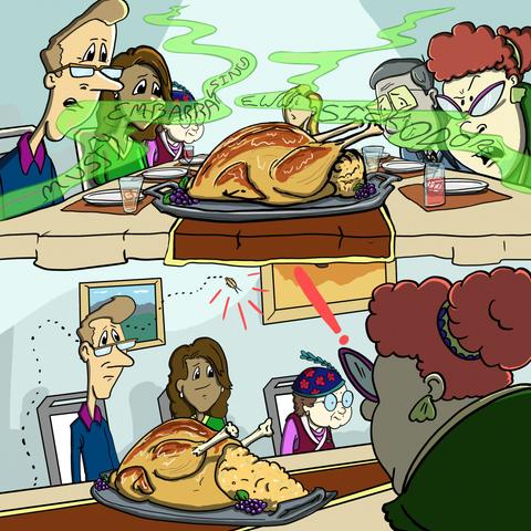 Family smelling odors over Thanksgiving dinner, animation.