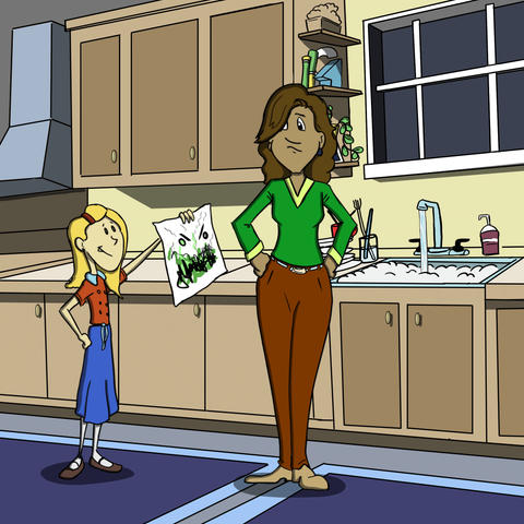 The child hands Mom a picture of mold in the basement, animation.